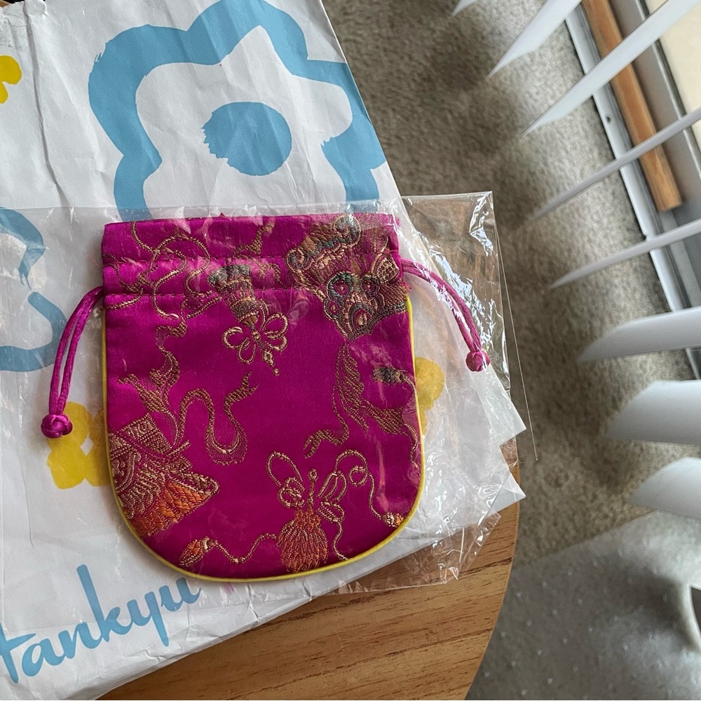 NEW pink satin pouch with gold embroidery